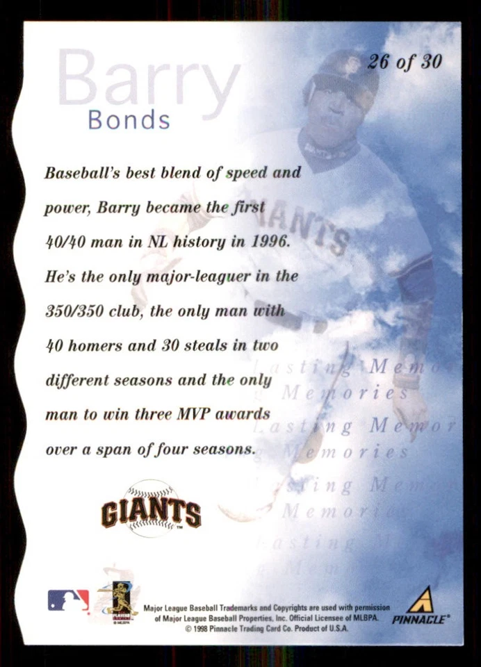 1998 Pinnacle Plus Lasting Memories #26 Barry Bonds - Image 2 of 2