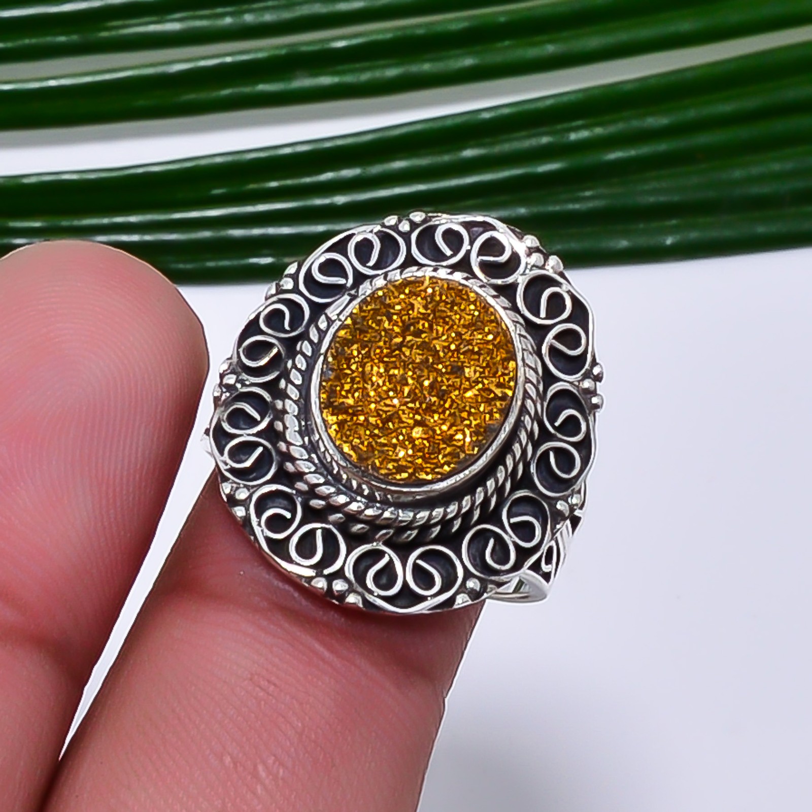 Golden Titanium Agate Drusy Fine Art Oxidised 925 Sterling Silver Ring S.8.5 R13