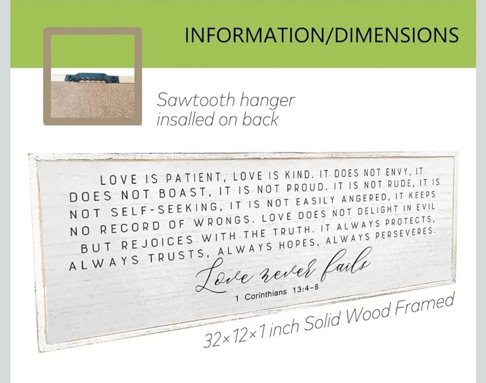 Love is Patient Love is Kind настенный декор 32 «X12» большой стих из Библии цитата 1... - Изображение 2 из 4