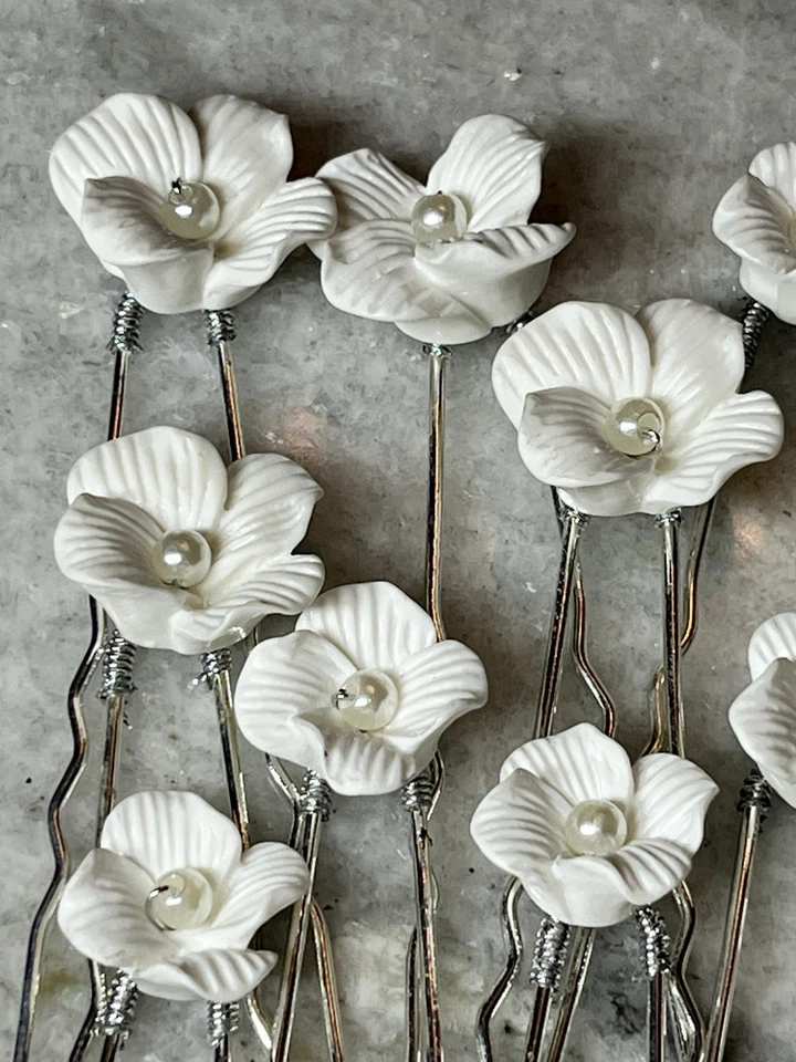 Floral Hair Bobby Pins Set of 12 White and Silver Faux Pearl Bridal Formal - Image 3 of 4
