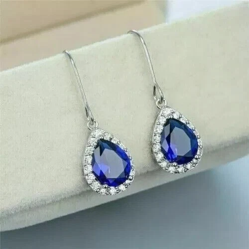 2Ct Pear Lab-Created Sapphire Diamond DropDangle Earrings 14K White Gold Plated - Image 4 of 4