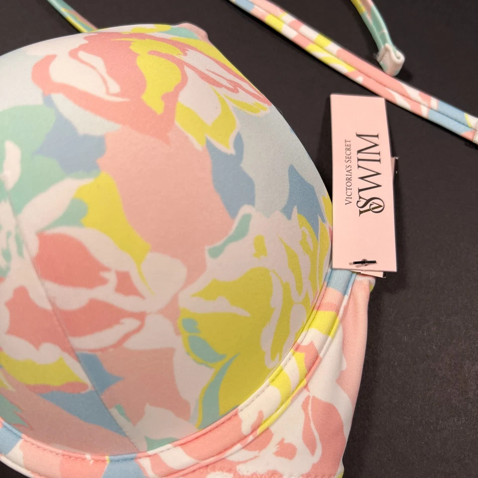Victoria Secret 36DD L Bombshell Push Up Bikini Parte Superior Parte Inferior Conjunto Azul Rosa Pastel Foto 3 de 4
