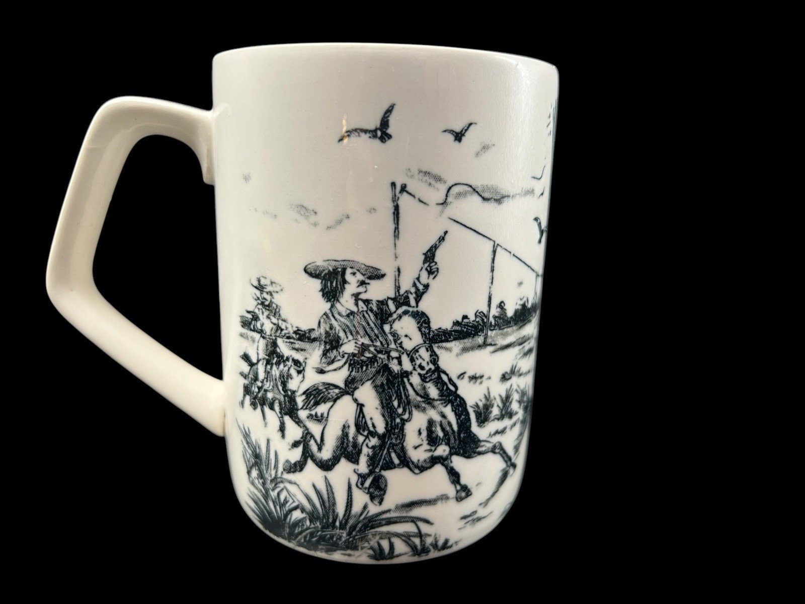 Vintage Don Quixote Transfer ware Porcelain Coffee Mug Cup Rare EUC Black White
