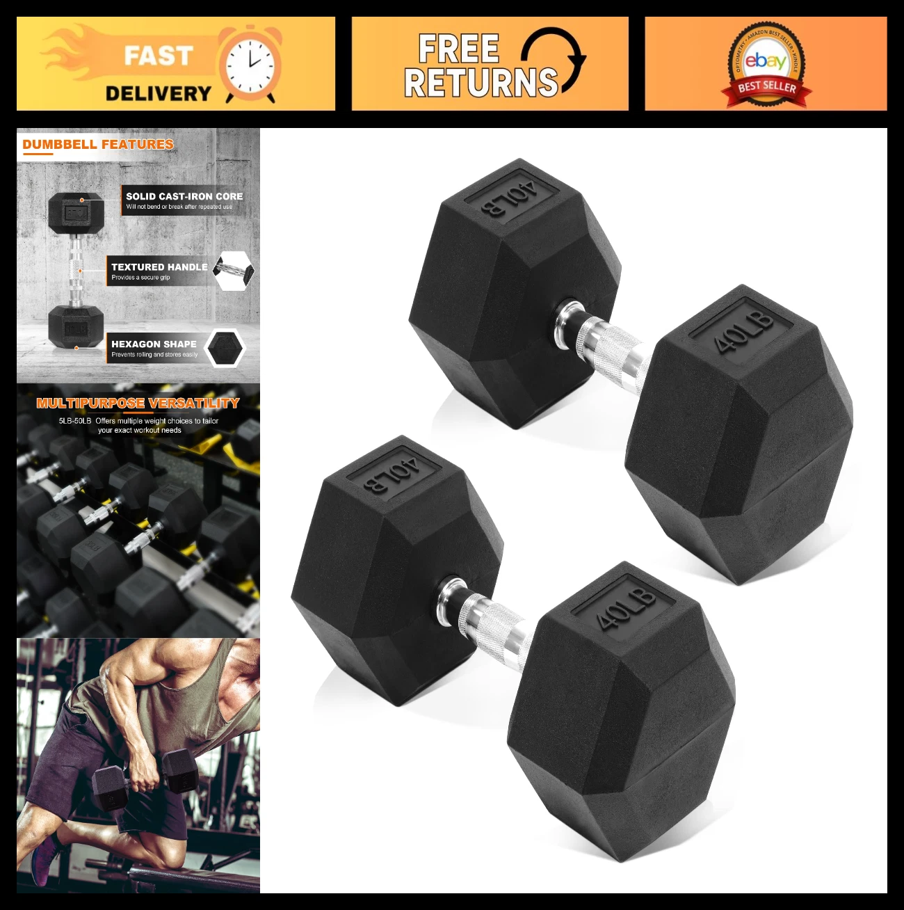 Hex Dumbbells Rubber Coated Hand Weights for Home Gym Fitness - 5-50 LB Pair