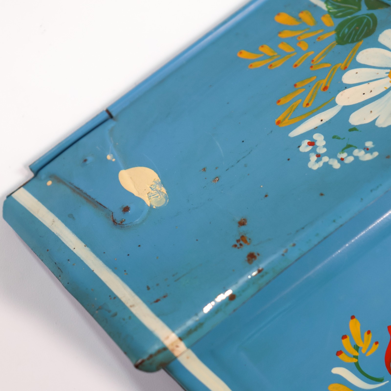 Vintage Ransburg Metal Mailbox Hand Painted Toleware Tin Blue Floral Flowers HTF