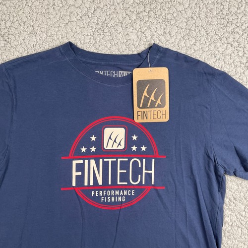 Fintech Performance Fishing Shirt Mens Medium Navy Blue Sun Washed Graphic Tee - Picture 2 of 8