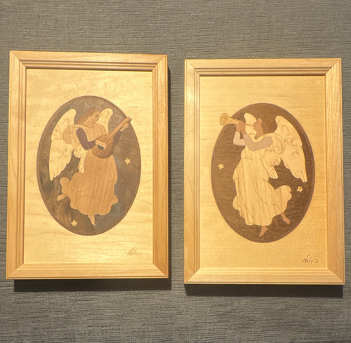 Hudson River Inlay Set of 2 Framed Wood Marquetry Angels Folk Art 7x10” Framed