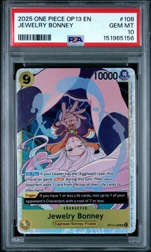 2025 ONE PIECE OP13 #108 CARRYING ON HIS WILL JEWELRY BONNEY PSA 10 GEM MINT
