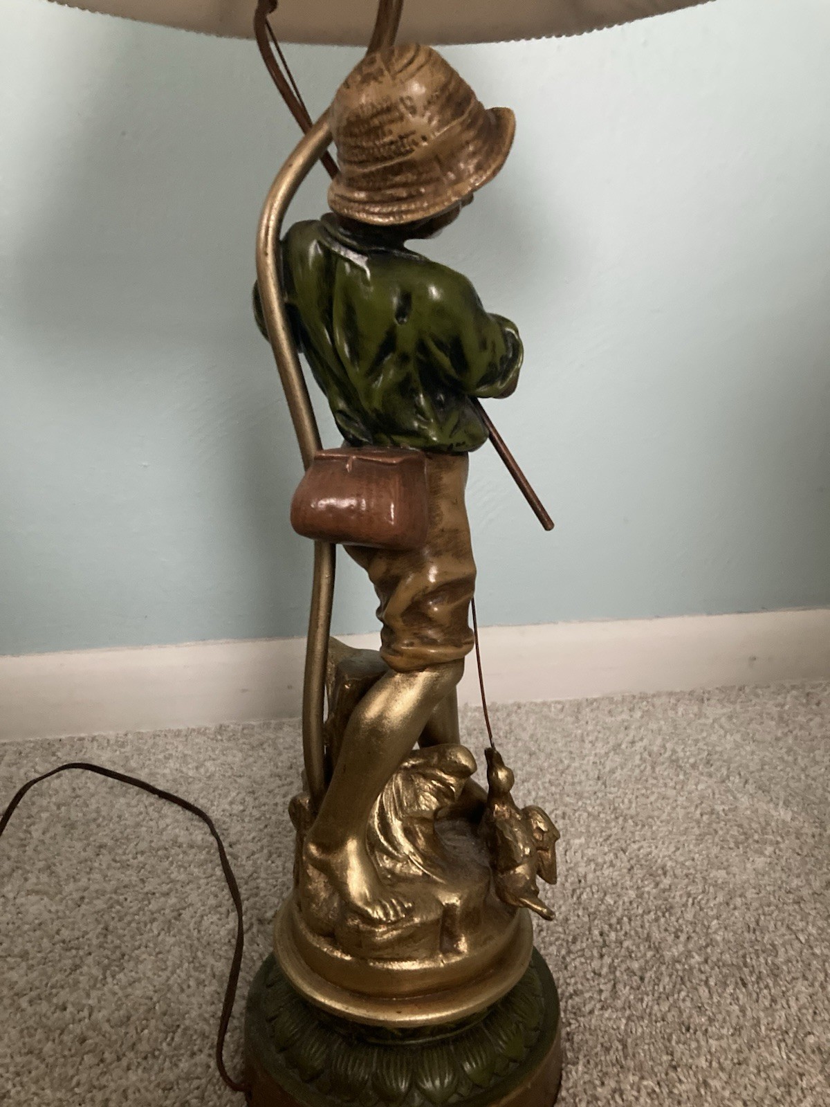 L F Moreau Boy With Fishing Pole - “The Duck Fisherman” 3-way Lamp - Nice Cond.