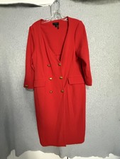 Donna Karan New York Dress Womens 12 Red Gold Button Sheath V Neck Midi