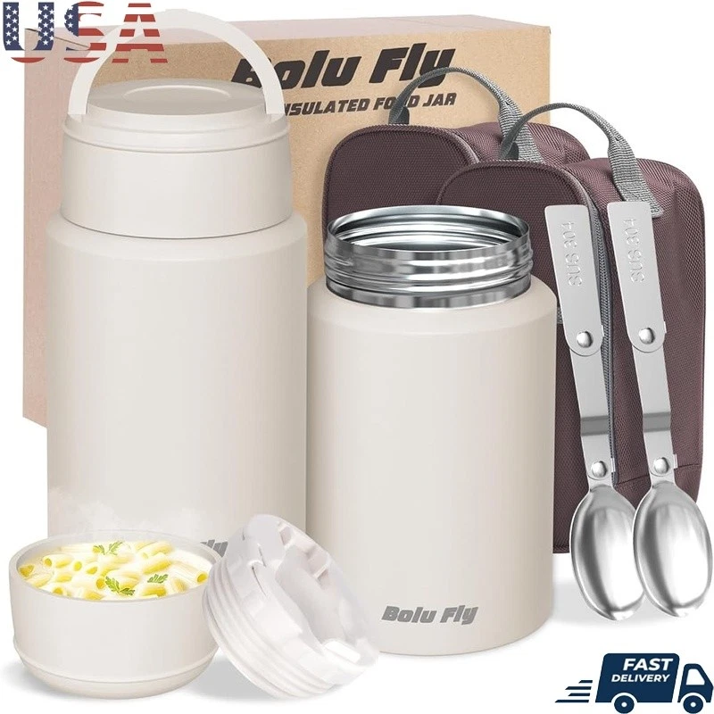 Insulated Stainless Steel Food Containers W/ Folding Spoon & Travel Bags New
