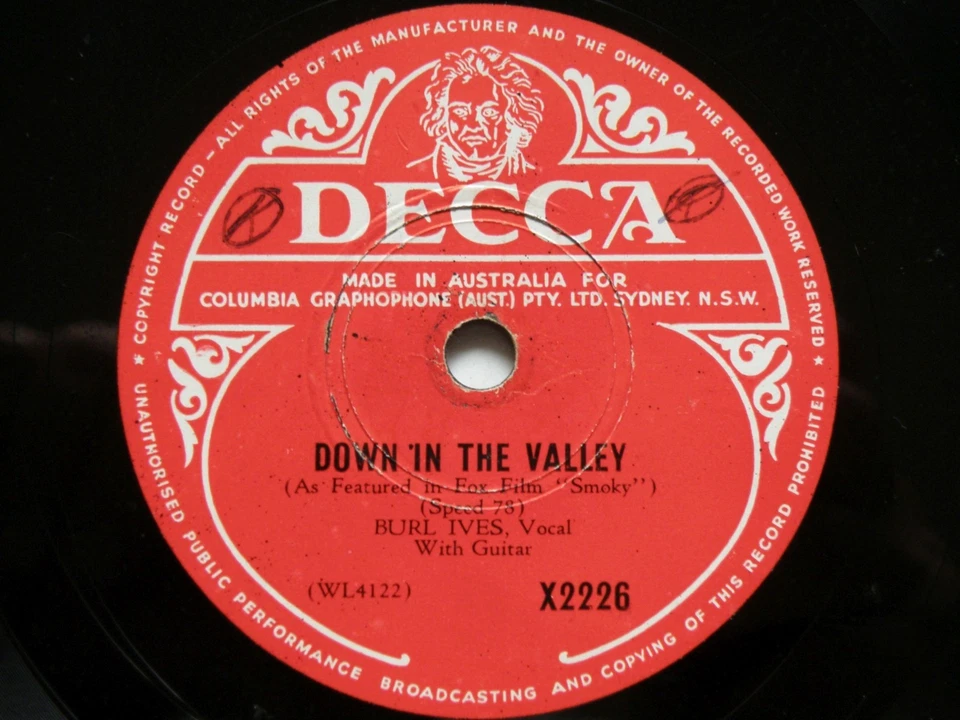BURL IVES 1946 *COWBOY'S LAMENT +DOWN IN THE VALLEY* OZ DECCA RECORDS 10"78 RARE - Image 2 of 4