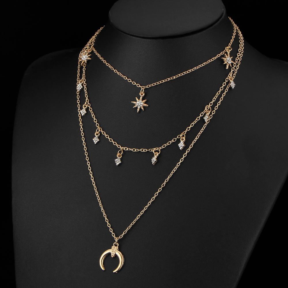 アクセサリー Octi Layered  Pendant Necklace Women 3 Multi Layers Pendant Long Necklace Gold Sliver Moon
