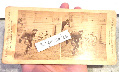 Hobo Trying to Steal a Safety Bicycle Liberty Brand Stereo View Circa 1895