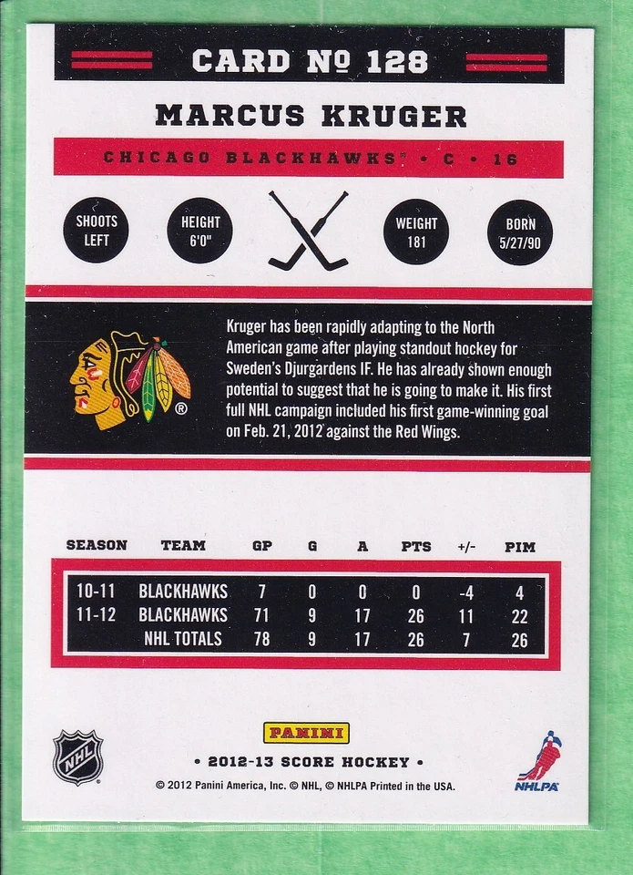 2012-13 Score #128 Marcus Kruger Chicago Blackhawks - Image 2 of 2