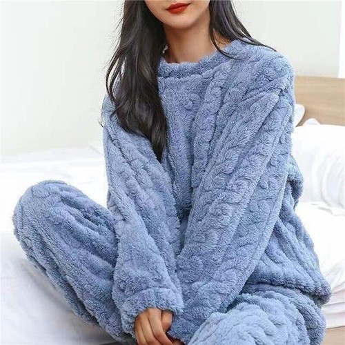 Damen Fleece Pyjama Set weich warm Rundhalsausschnitt Oberteil Hose Loungewear Nachtwäsche USA - Bild 15 von 30