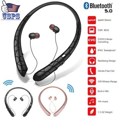 Sweatproof Neckband Headset Wireless Bluetooth Retractable Headphones Earbuds US