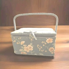 Vtg Blue Floral Sewing Box Wicker Handle And Trim Grannycore TV Or Movie Props!!