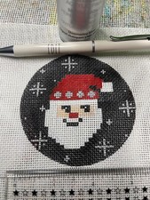 Handpainted Needlepoint Canvas Santa Claus face on black bckgrnd Ornament,18ct
