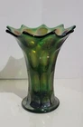 Vintage Fenton Carnival Glass Vase Green Long Thumbprint 9 Point MCM