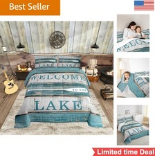 Queen Comforter Set 3 Piece Blue Grey Wood Plank Rustic Cabin Lake House