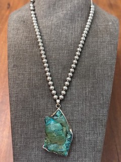 Old Pawn Sleeping Beauty Turquoise Pendant & Sterling Silver Beads Necklace