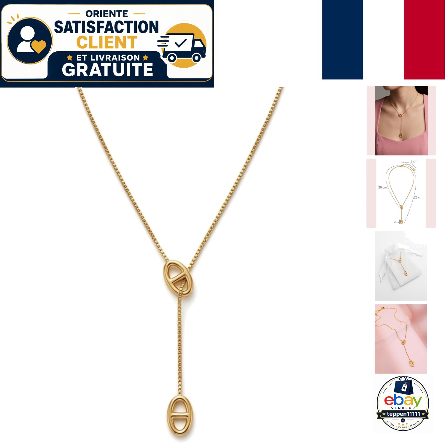 Collier maillons marine doré en acier inoxydable résistant pour femme