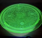 Vintage Jeanette Glass Sunflowers Glass Uranium Cake Stand 3 Footed Depression