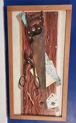 Vintage original Trompe l'oeil still life painting on canvas by James Fleming
