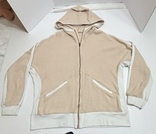 Women  s Beige Ivory Waffle Knit Full Zip Hoodie Colorblock Jacket