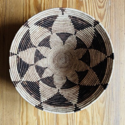 Vintage Handwoven Botswana Coil Cone Basket African Palm Fiber Flower Design 14''