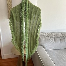 Vintage Hand Made Green Crochet Y2K Boho Shawl With Fringes