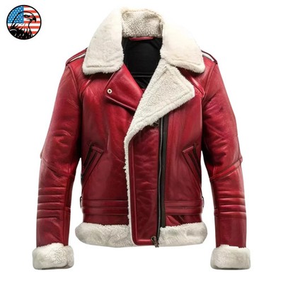 Men's RAF B4 Aviator Bomber Flight Leather Jacket Shearling Fur Santa Sheepskin