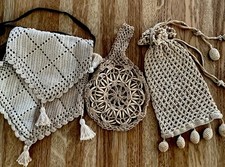 3 Antique Victorian VINTAGE Hand Crocheted ECRU COTTON Purses Bags