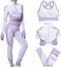 Women 3 PC Sport Suit Yoga Set High Waist Leggings Zipper Crop Top Gym Outfit
