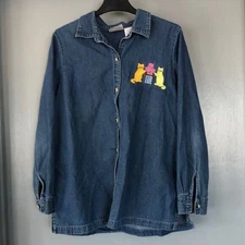 Women Size Large Denim Chambray Shirt Embroidered Cats Tulips Long Sleeved Blair
