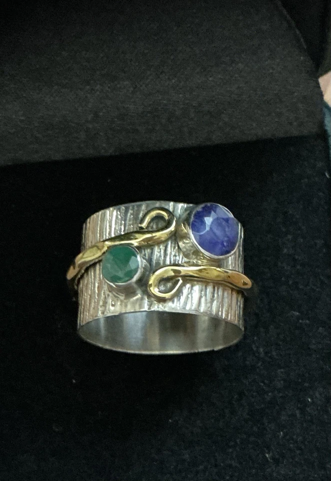 SAPHIR ÉMERAUDE, VERMEIL, ARGENT MASSIF OUVRAGÉ, Large BAGUE ANCIENNE Art Deco - Photo 3/4