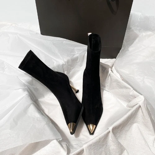 Botas Negras, Mujer Punta Gamuza Tacones Altos, Botas Cortas, Tacones Delgados Foto 4 de 4