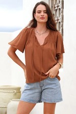 Kendra Top - V Neck Short Sleeve Top with Necktie in Tan