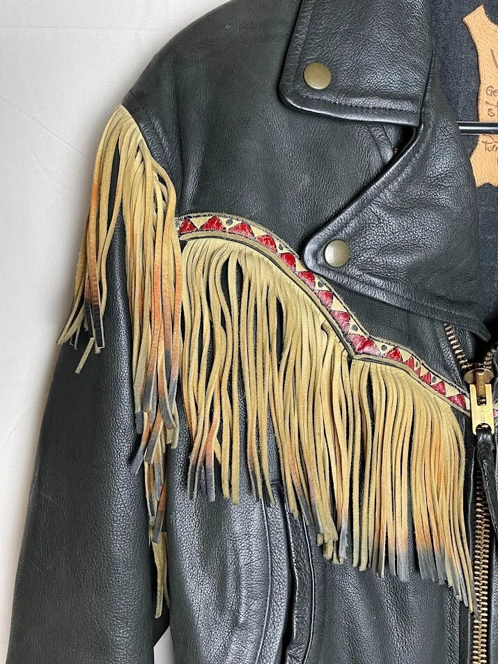 Chaqueta de Motociclista Walter Co Cuero Genuino Sturgis Frisco Grande Negro Tostado Flecos Foto 2 de 4