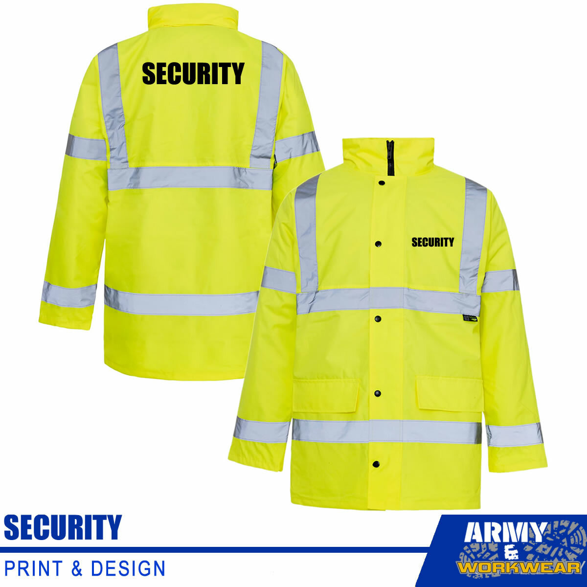 Security Yellow Hi Vis Parka Jacket Printed Logo Work Coat High Viz guard  Patrol