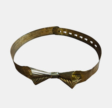 Vintage Metallic Gold Tone Bow Ribbed Metal Fashion Belt Adjustable Retro SZ XS