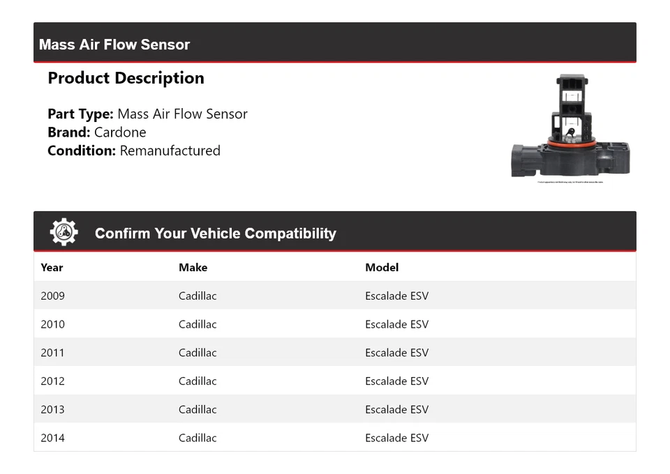 Sensor de flujo de aire másico Cardone 2010 2011 2012 para Cadillac Escalade ESV 2009-2014 Foto 2 de 4