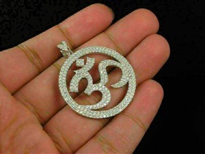 Authentic 2.80 Ct Round Cut Moissanite Hindu OM Pendant 14K White Gold Plated