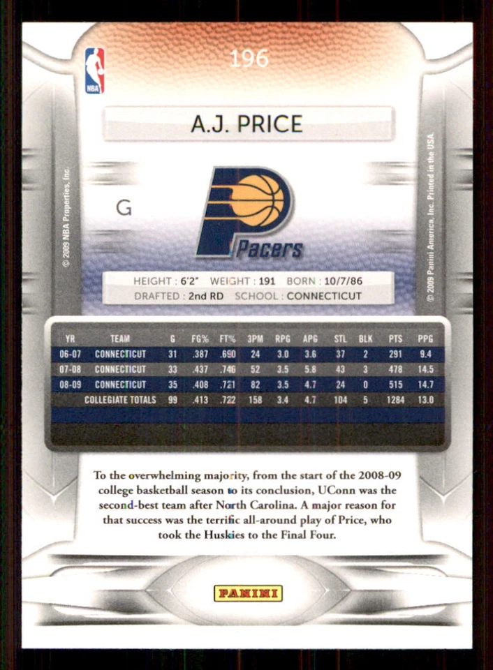 2009-10 Prestige #196 A.J. Price RC - Image 2 of 2
