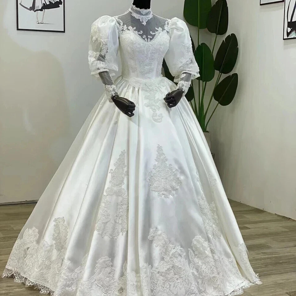 Hochzeitskleid Einfaches Brautkleid Spitze Applikationen Lange Ärmel Vintage - Bild 2 von 4