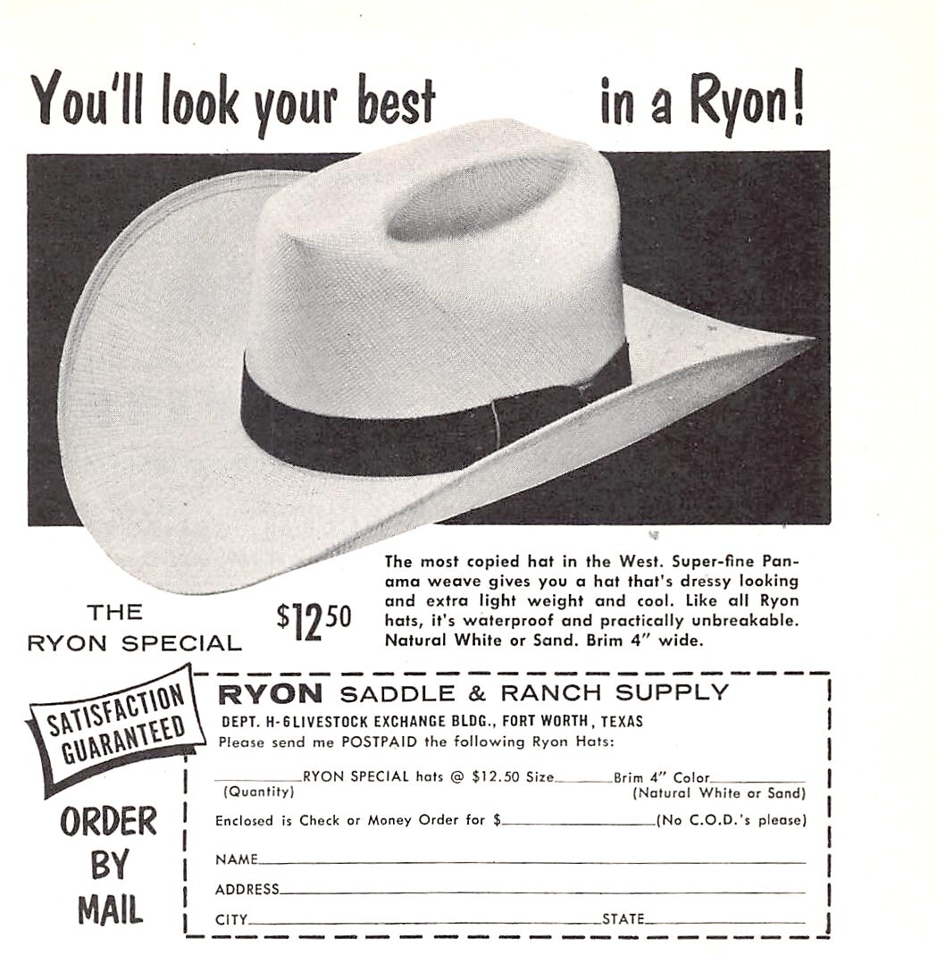 Ryon Saddle & Ranch Supply Fort Worth Texas Panama Hat Vtg Magazine Print Ad