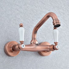Antique Red Copper Bathroom Faucet 2 Handles Wall Mounted Vanity Basin Mixer Tap