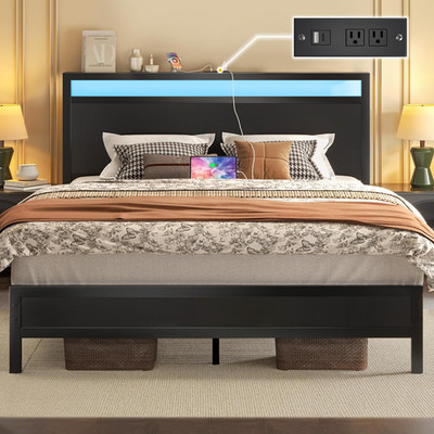 Queen Bed Frame with Headboard & Footboard, Bed Frame with Built-In Charging Sta