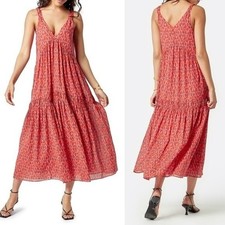 Joie $298 XL Tea Rose Red Pink 100% Cotton Tiered V-Neck Midi Maxi Dress